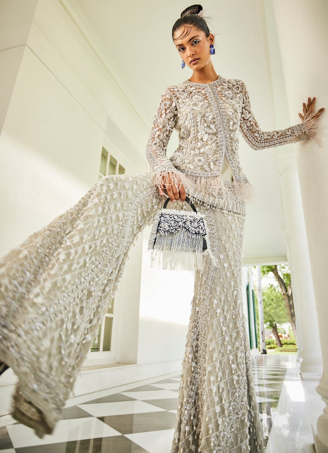 Ice Grey Embroidered Kurta Sharara Set With Jacket Mani Bhatia - Fabilicious Fashion