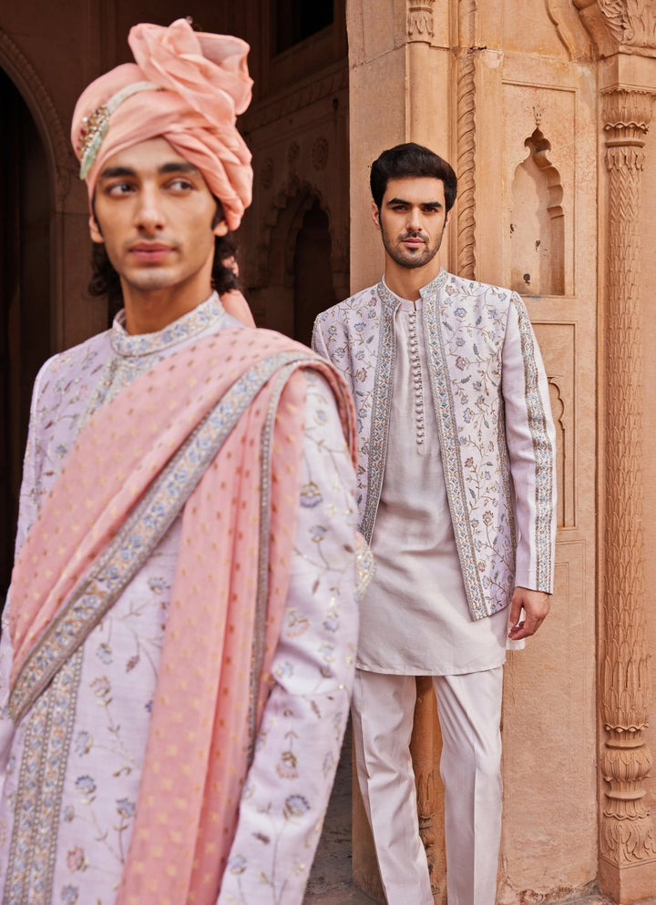 Ice Grey Embroidered Sherwani Set Contrast By Parth - Fabilicious Fashion