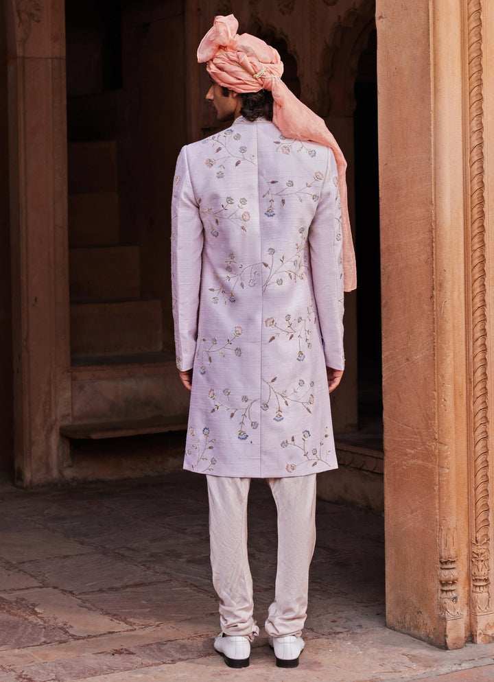 Ice Grey Embroidered Sherwani Set Contrast By Parth - Fabilicious Fashion