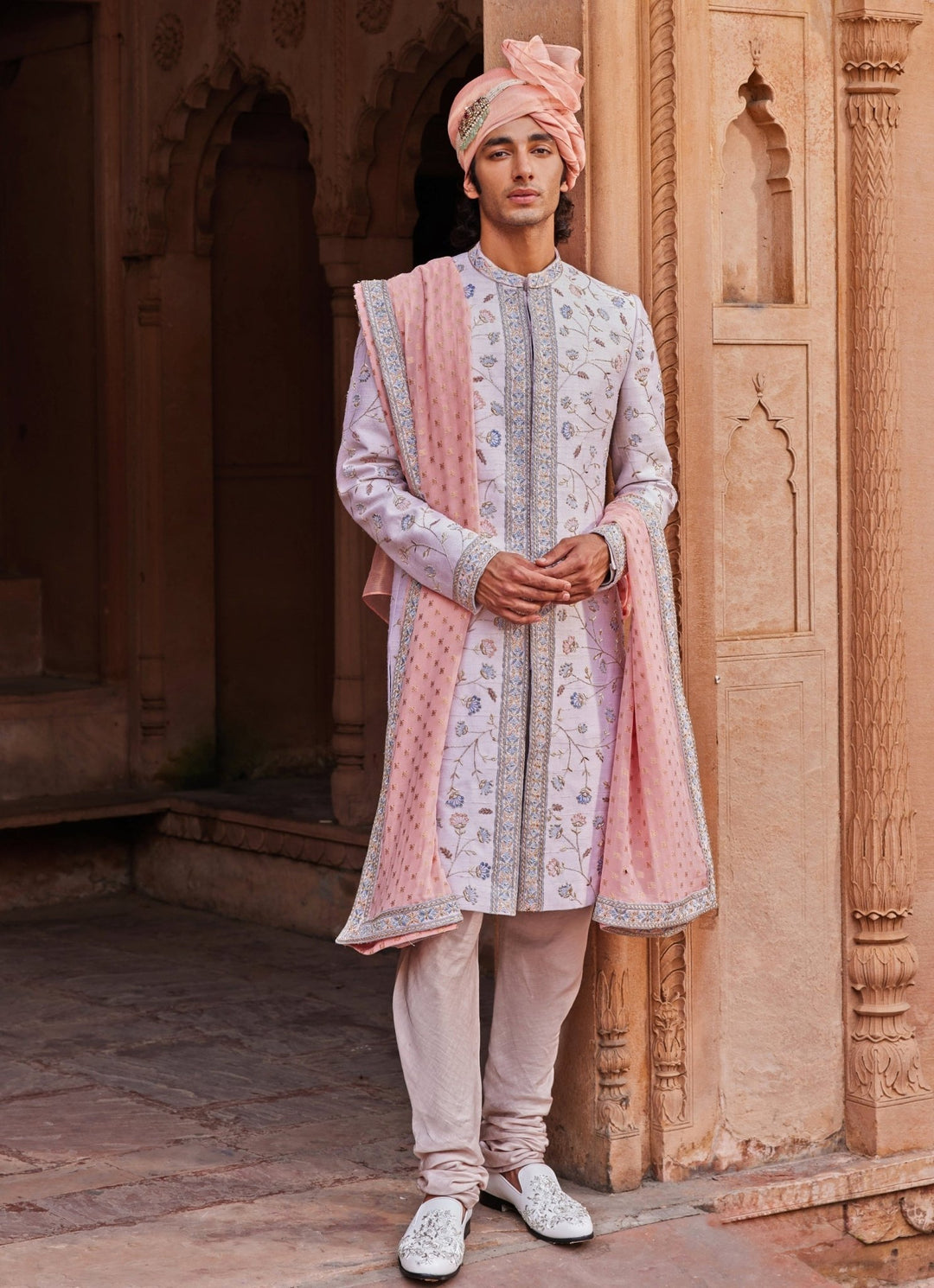 Ice Grey Embroidered Sherwani Set Contrast By Parth - Fabilicious Fashion
