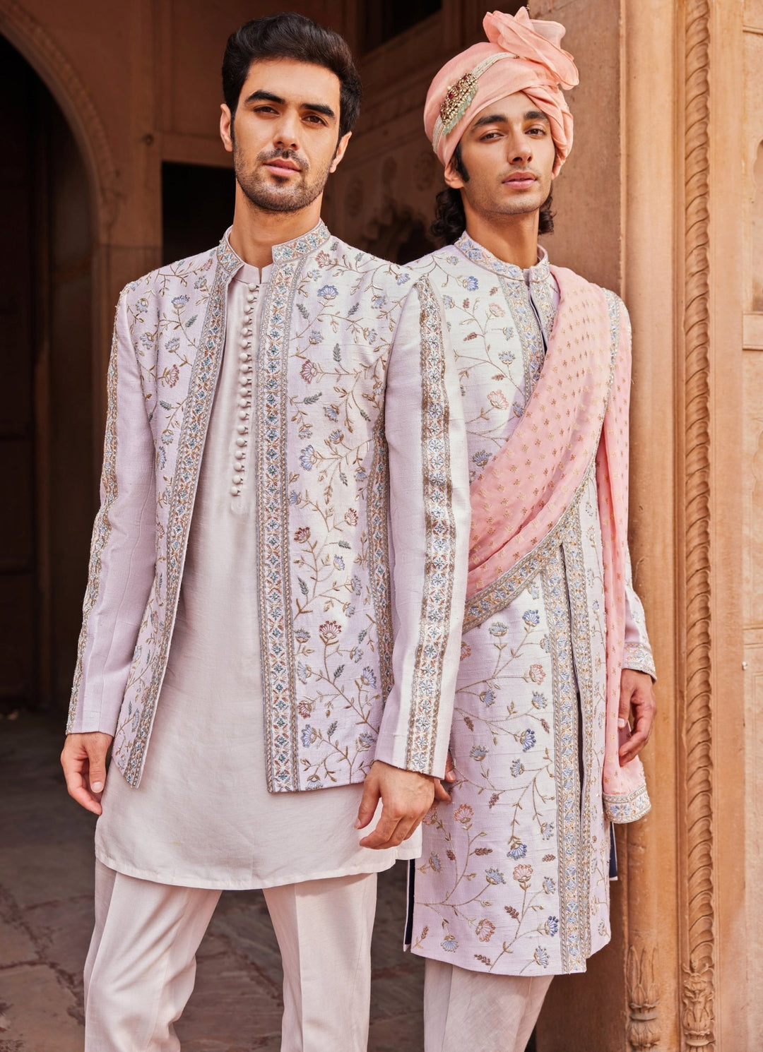 Ice Grey Embroidered Sherwani Set Contrast By Parth - Fabilicious Fashion