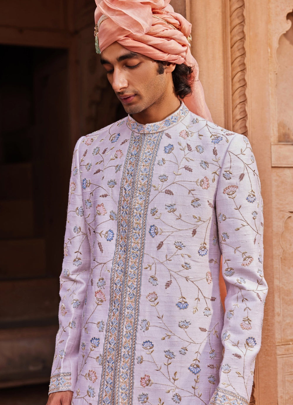 Ice Grey Embroidered Sherwani Set Contrast By Parth - Fabilicious Fashion