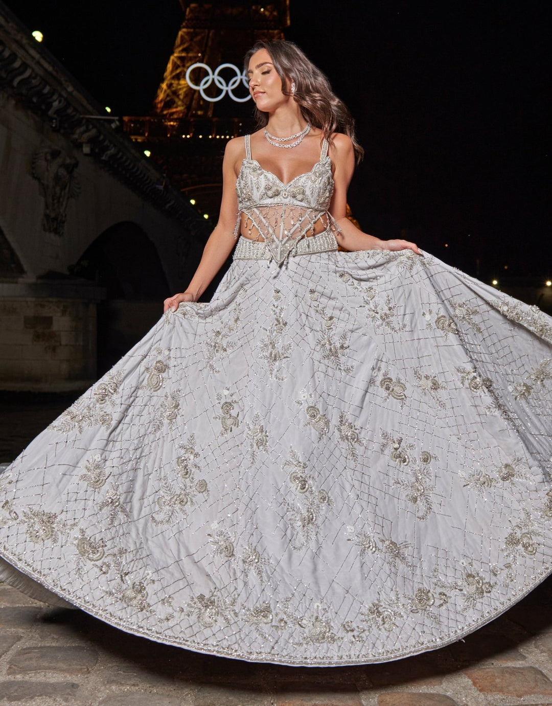 Jigar and Nikita — Ice Grey Embroidered Silk Lehenga With Corset Blouse MySize