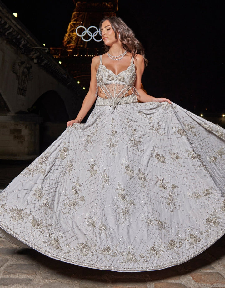 Ice Grey Embroidered Silk Lehenga With Corset Blouse Jigar and Nikita - Fabilicious Fashion