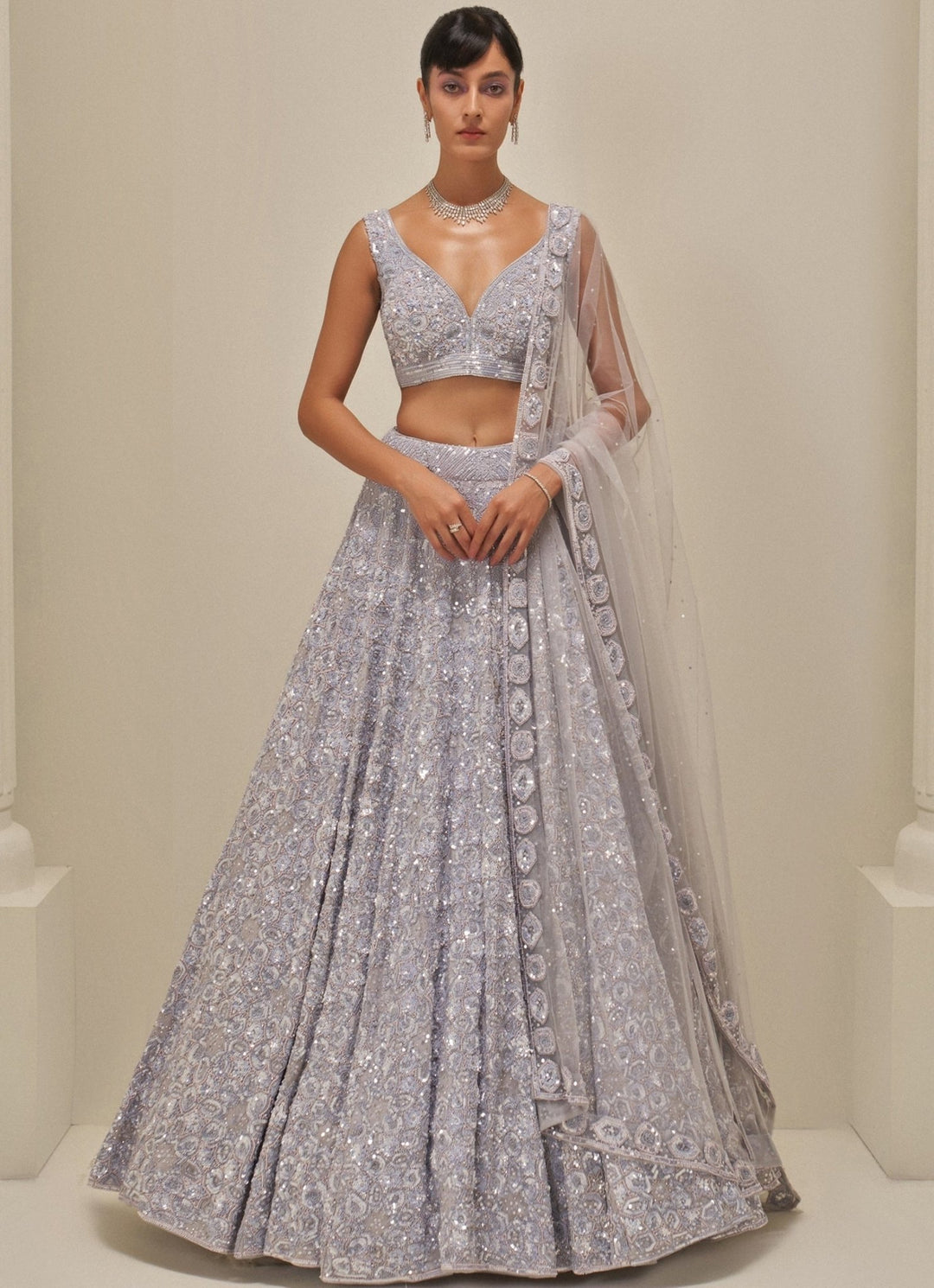 Ice Grey Satin Organza Embroidered Lehenga Set Angad Singh - Fabilicious Fashion