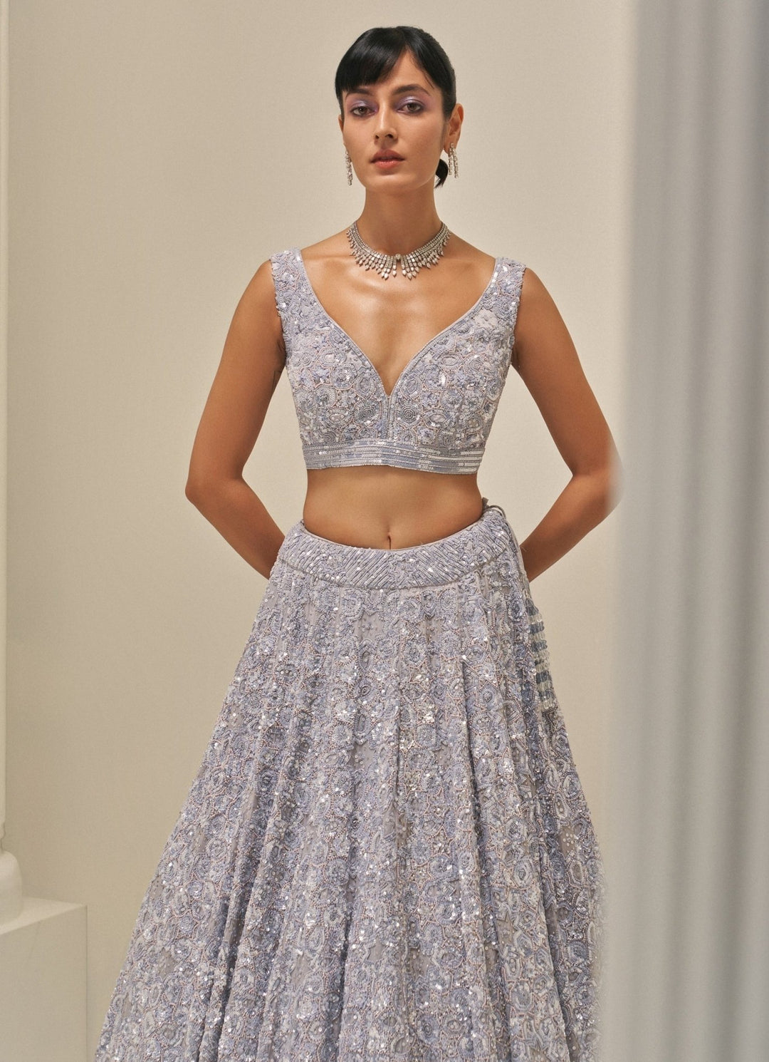 Ice Grey Satin Organza Embroidered Lehenga Set Angad Singh - Fabilicious Fashion