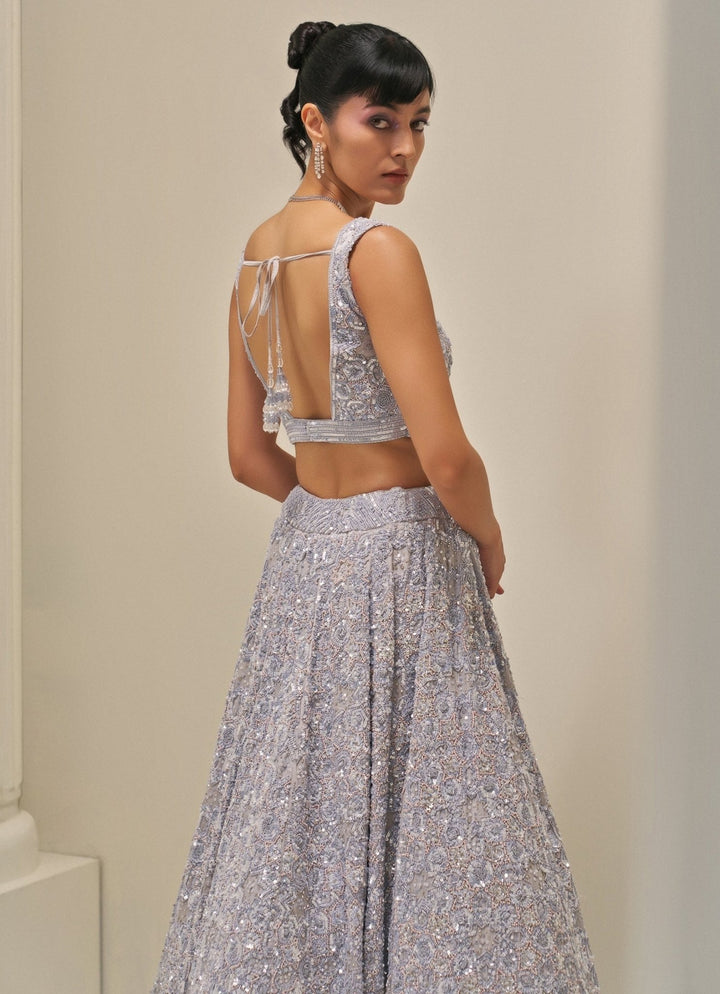Ice Grey Satin Organza Embroidered Lehenga Set Angad Singh - Fabilicious Fashion
