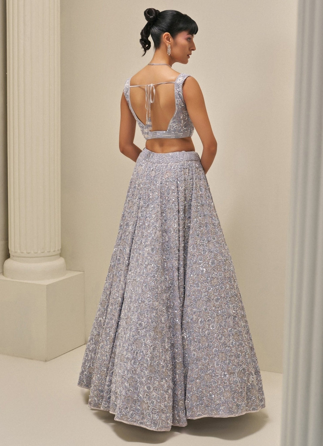 Ice Grey Satin Organza Embroidered Lehenga Set Angad Singh - Fabilicious Fashion