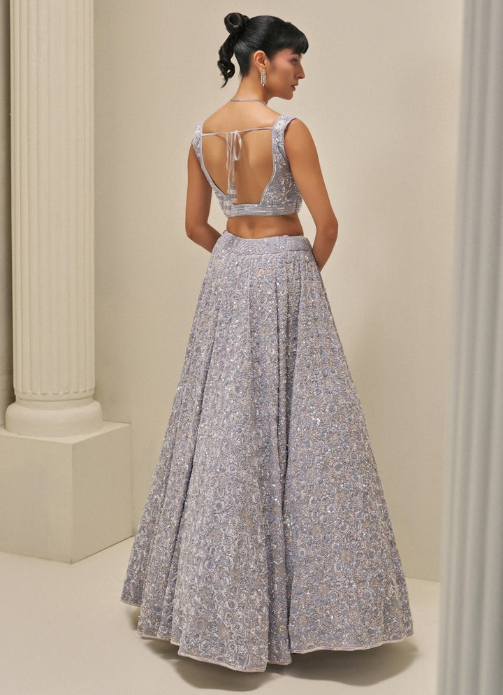 Ice Grey Satin Organza Embroidered Lehenga Set Angad Singh - Fabilicious Fashion