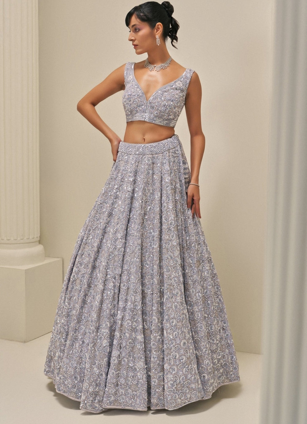 Ice Grey Satin Organza Embroidered Lehenga Set Angad Singh - Fabilicious Fashion