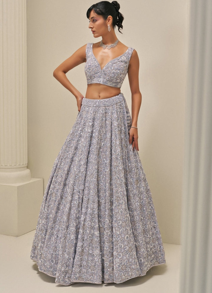 Ice Grey Satin Organza Embroidered Lehenga Set Angad Singh - Fabilicious Fashion