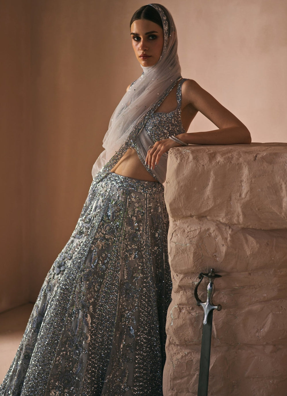 Ice Grey Sequin Embroidered Lehenga set Angad Singh - Fabilicious Fashion