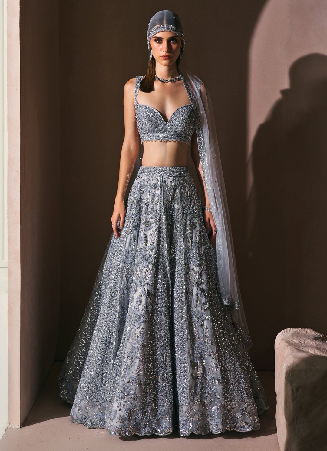 Ice Grey Sequin Embroidered Lehenga set Angad Singh - Fabilicious Fashion