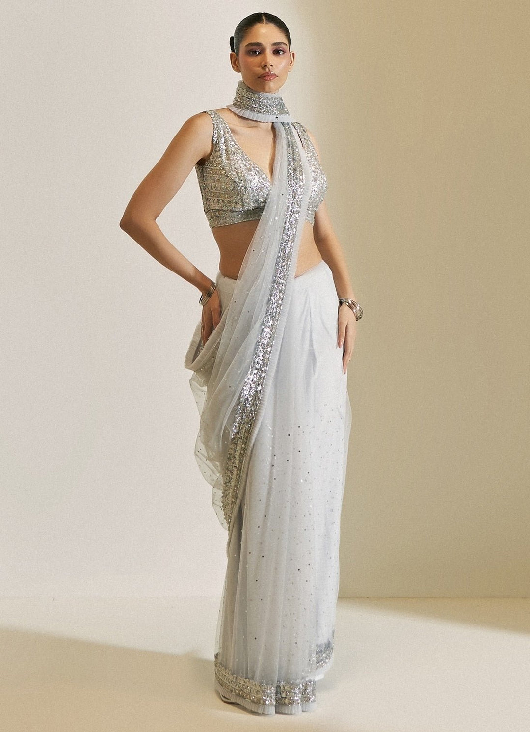 Ice Grey Silver Soft Net Embroidered Saree Set Angad Singh - Fabilicious Fashion