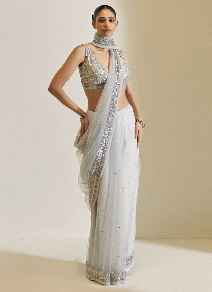 Ice Grey Silver Soft Net Embroidered Saree Set Angad Singh - Fabilicious Fashion