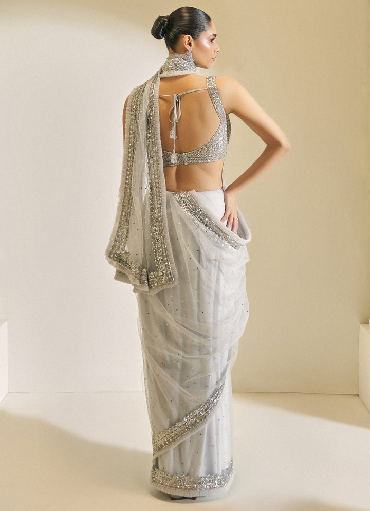 Ice Grey Silver Soft Net Embroidered Saree Set Angad Singh - Fabilicious Fashion
