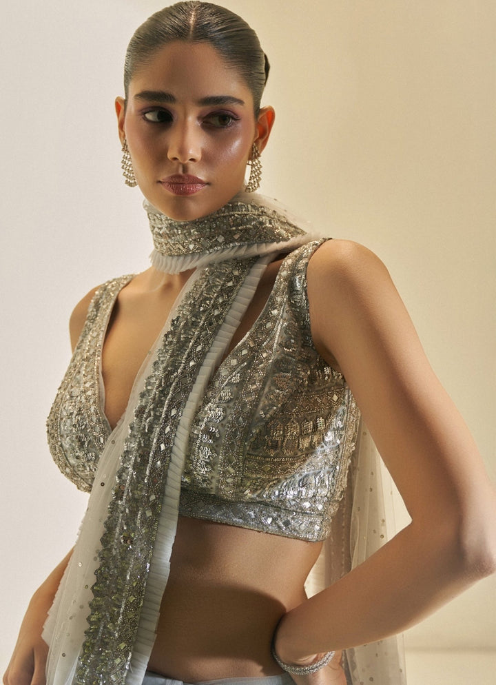 Ice Grey Silver Soft Net Embroidered Saree Set Angad Singh - Fabilicious Fashion
