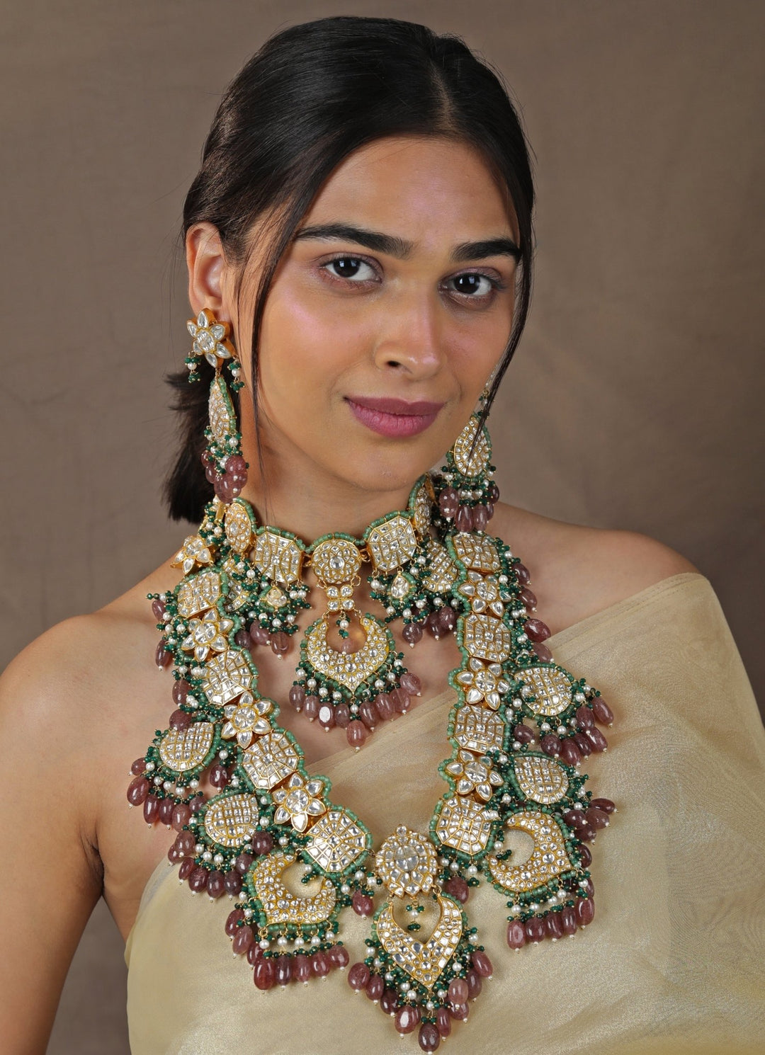 Indian Pink and Emerald Stone Bridal Necklace set Riana by Shikha Jindal - Fabilicious Fashion