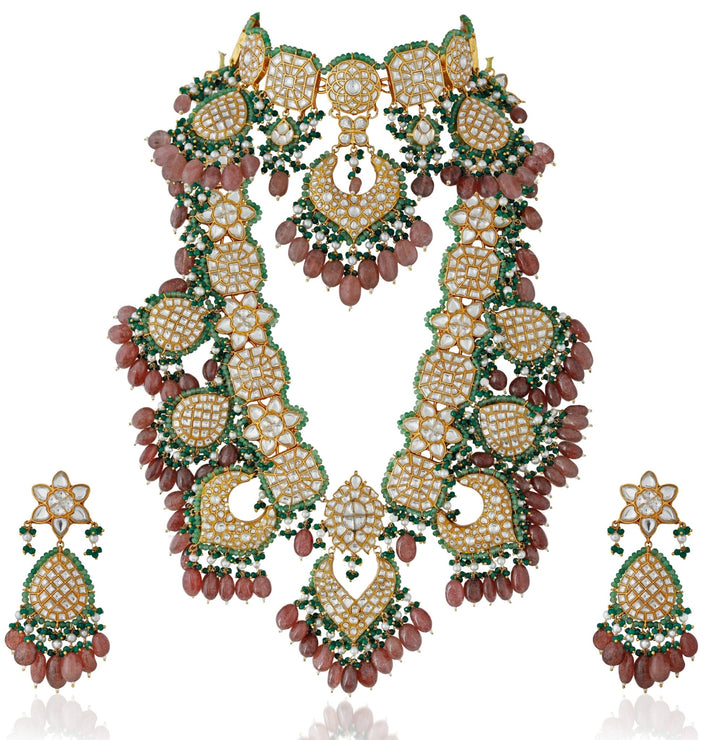 Indian Pink and Emerald Stone Bridal Necklace set Riana by Shikha Jindal - Fabilicious Fashion