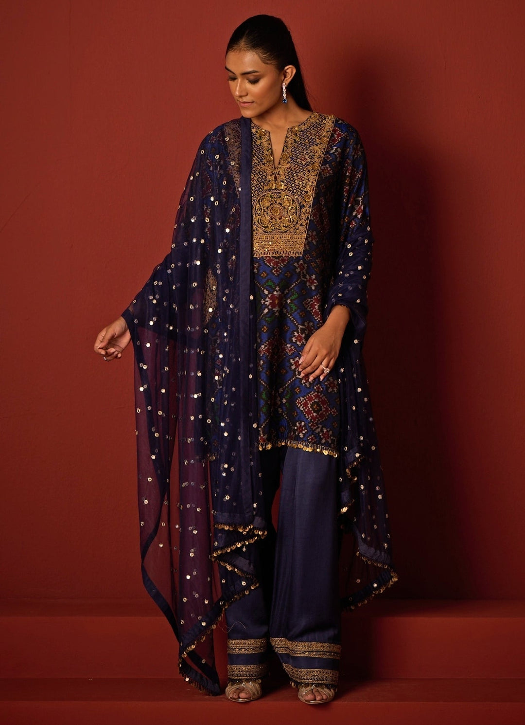 Indigo Blue Patola Silk Kurta Salwar Set Twenty Nine - Fabilicious Fashion