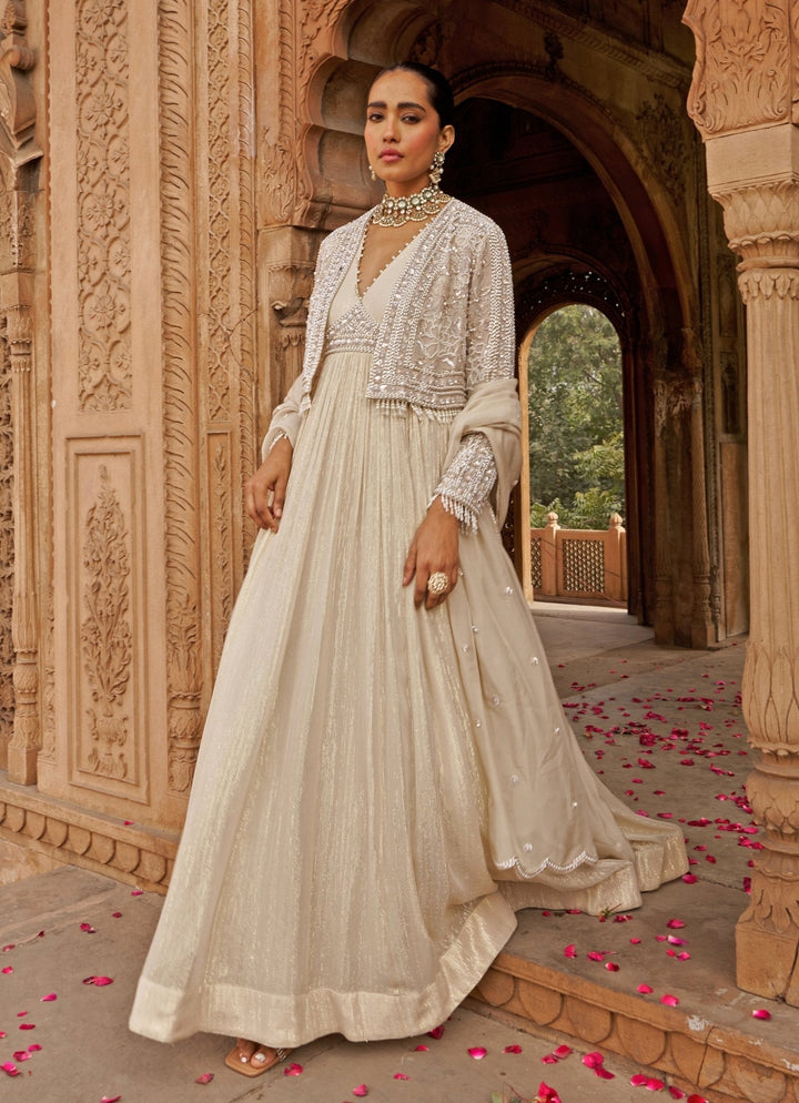 Ivory Anarkali With Floral Sequin Embroidered Cape Nidhika Shekhar - Fabilicious Fashion