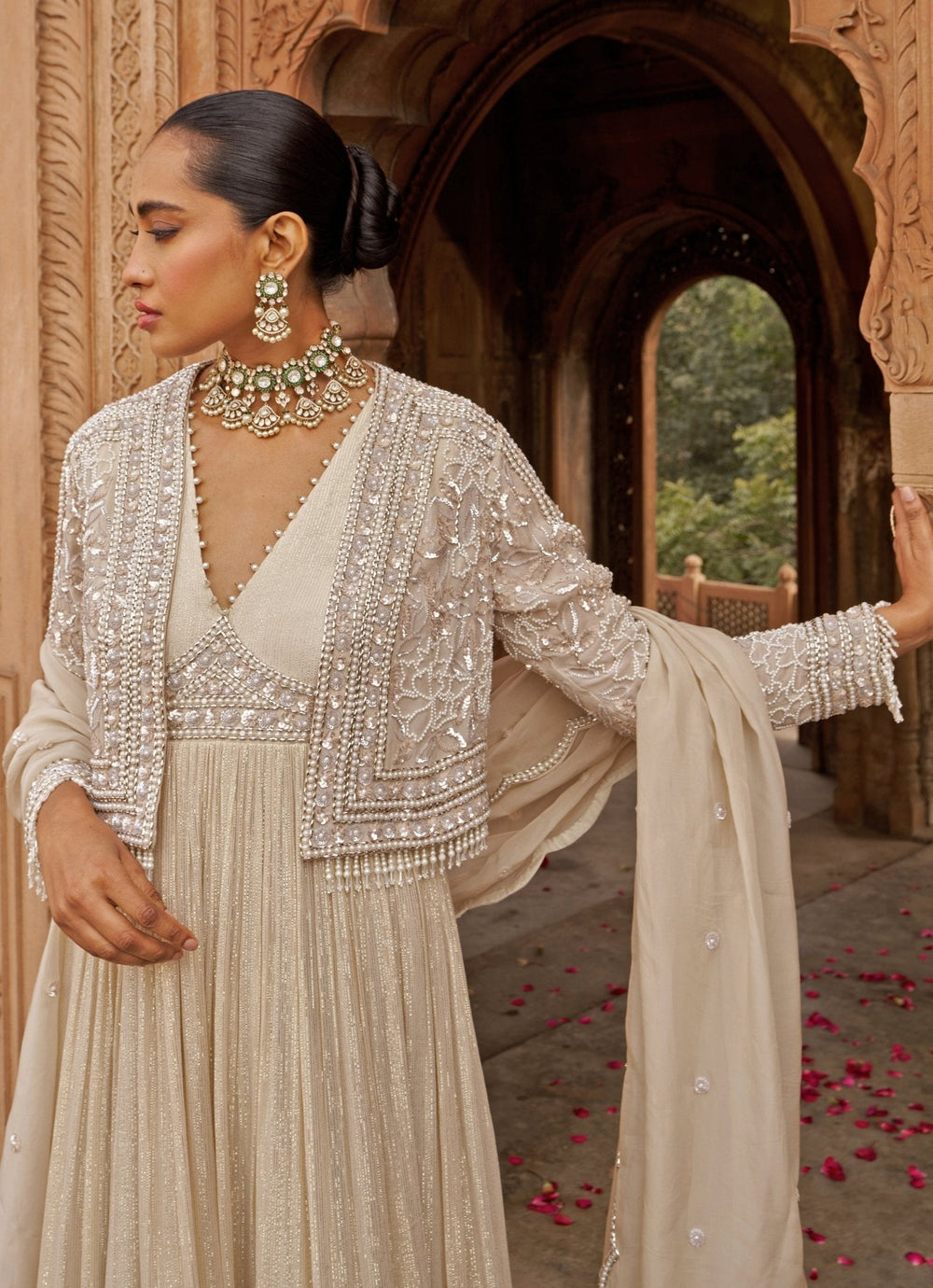 Ivory Anarkali With Floral Sequin Embroidered Cape Nidhika Shekhar - Fabilicious Fashion