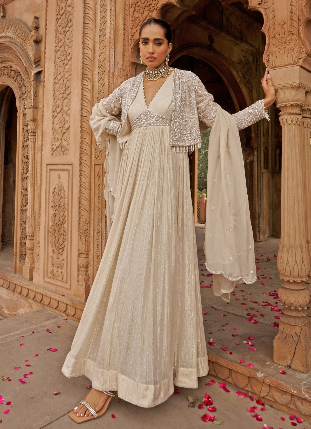Ivory Anarkali With Floral Sequin Embroidered Cape Nidhika Shekhar - Fabilicious Fashion