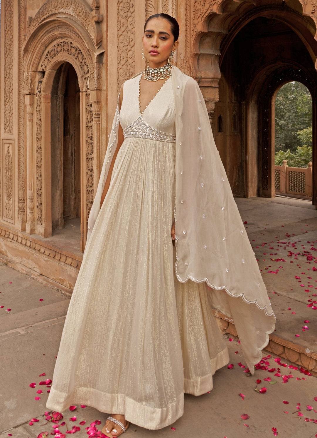 Ivory Anarkali With Floral Sequin Embroidered Cape Nidhika Shekhar - Fabilicious Fashion