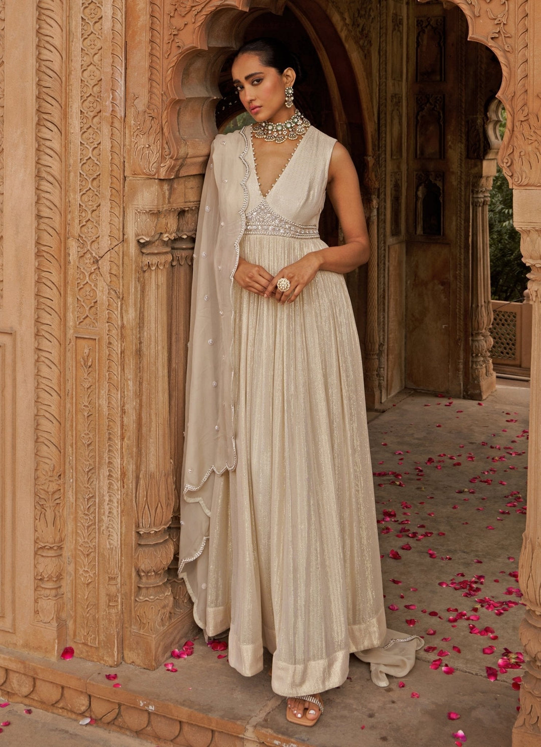 Ivory Anarkali With Floral Sequin Embroidered Cape Nidhika Shekhar - Fabilicious Fashion