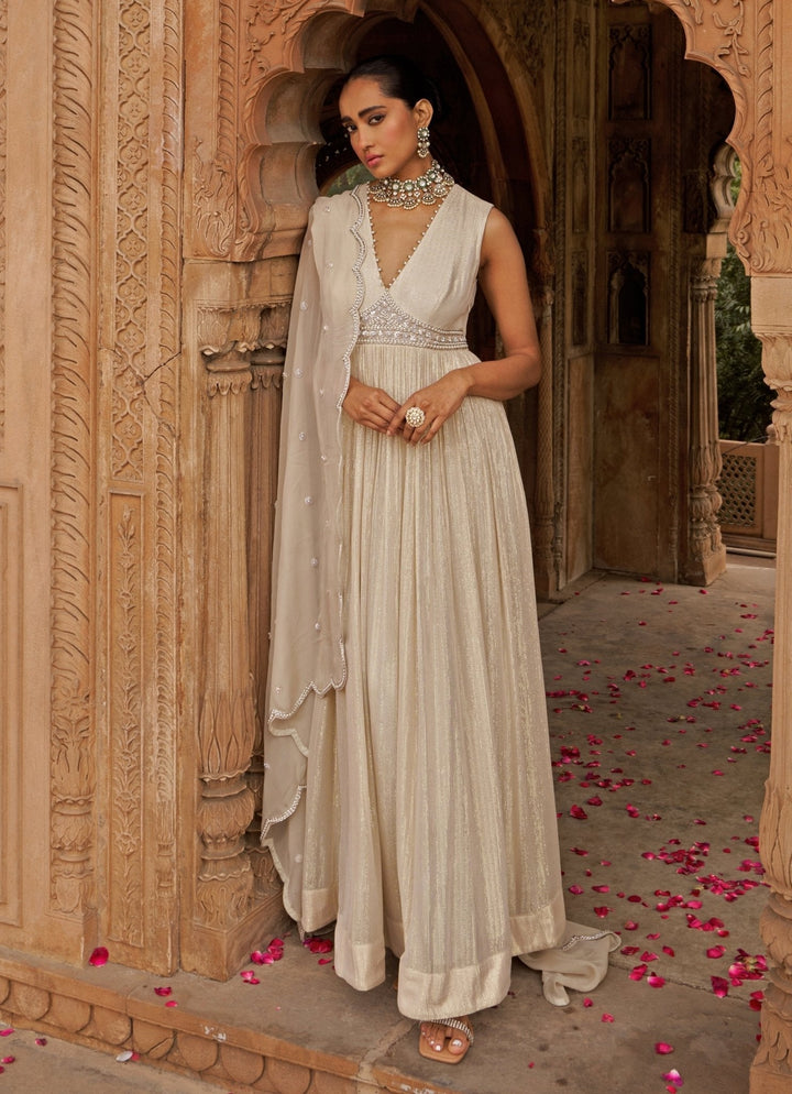 Ivory Anarkali With Floral Sequin Embroidered Cape Nidhika Shekhar - Fabilicious Fashion