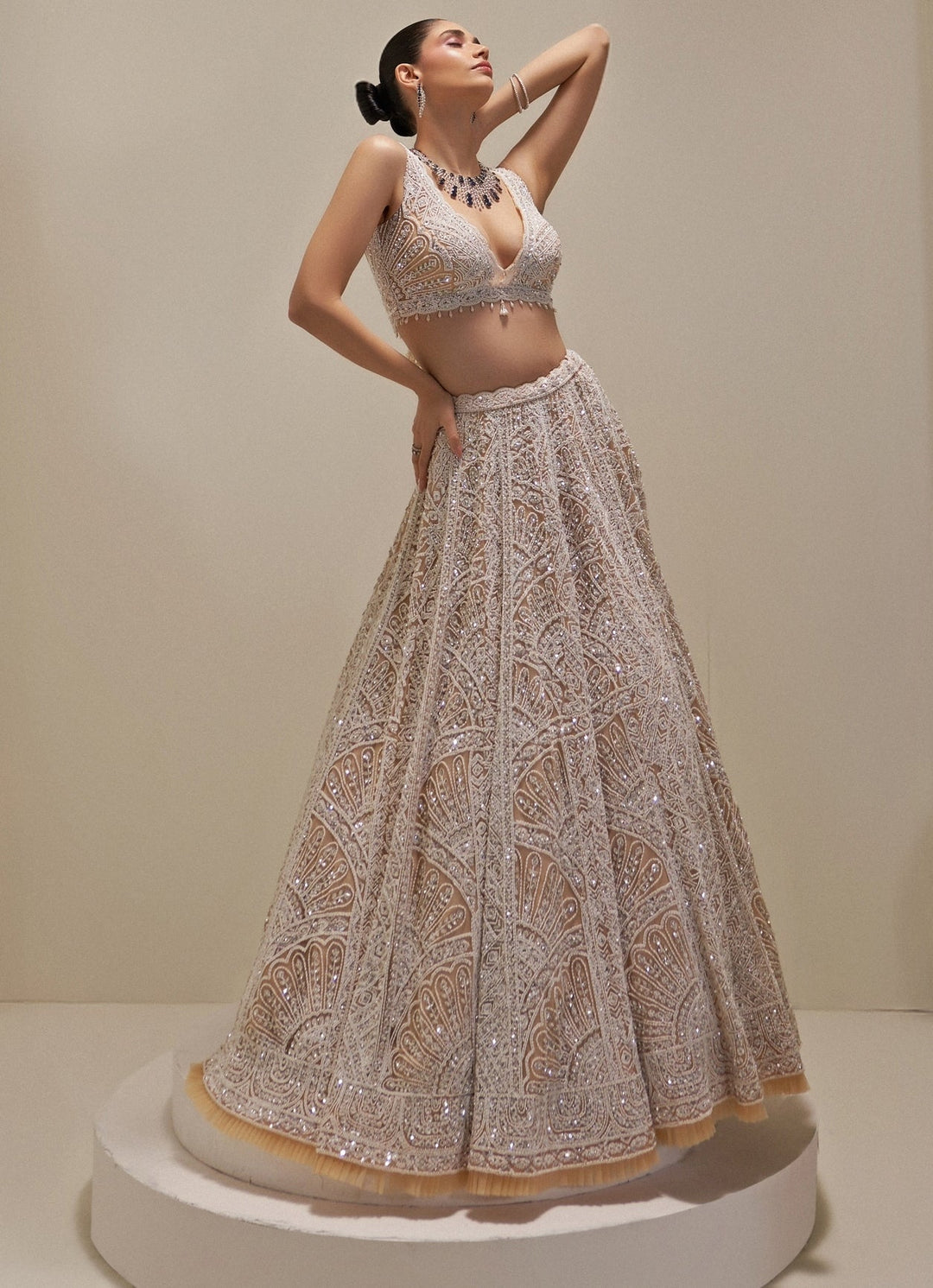 Ivory and Beige Crystal and Pearl Embroidered Lehenga Set Angad Singh - Fabilicious Fashion