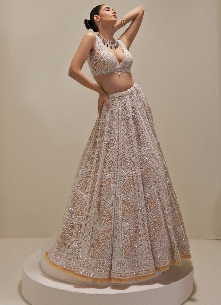 Ivory and Beige Crystal and Pearl Embroidered Lehenga Set Angad Singh - Fabilicious Fashion