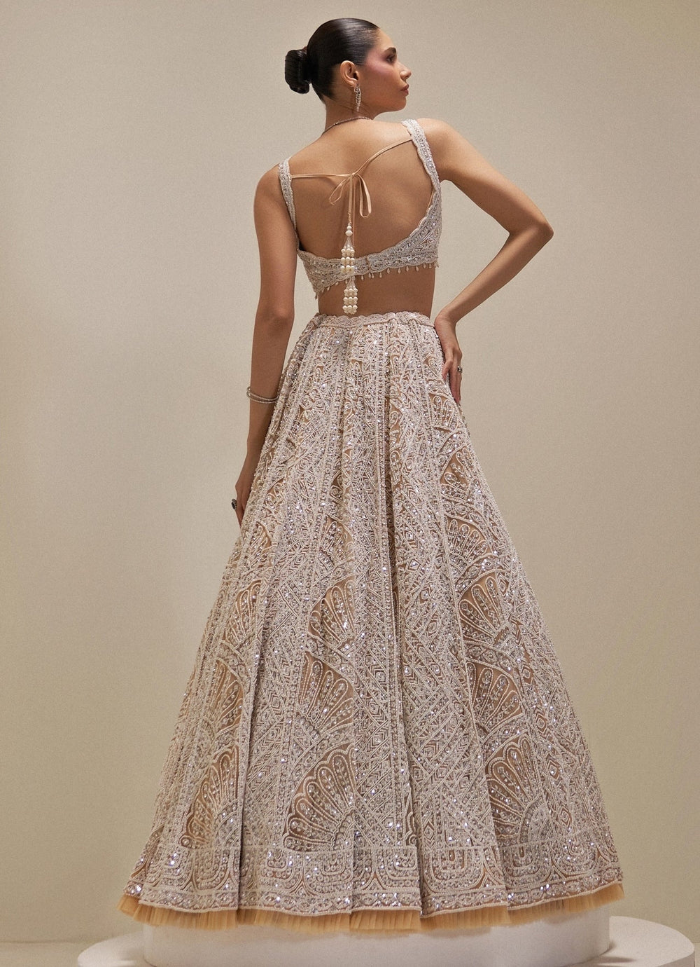 Ivory and Beige Crystal and Pearl Embroidered Lehenga Set Angad Singh - Fabilicious Fashion