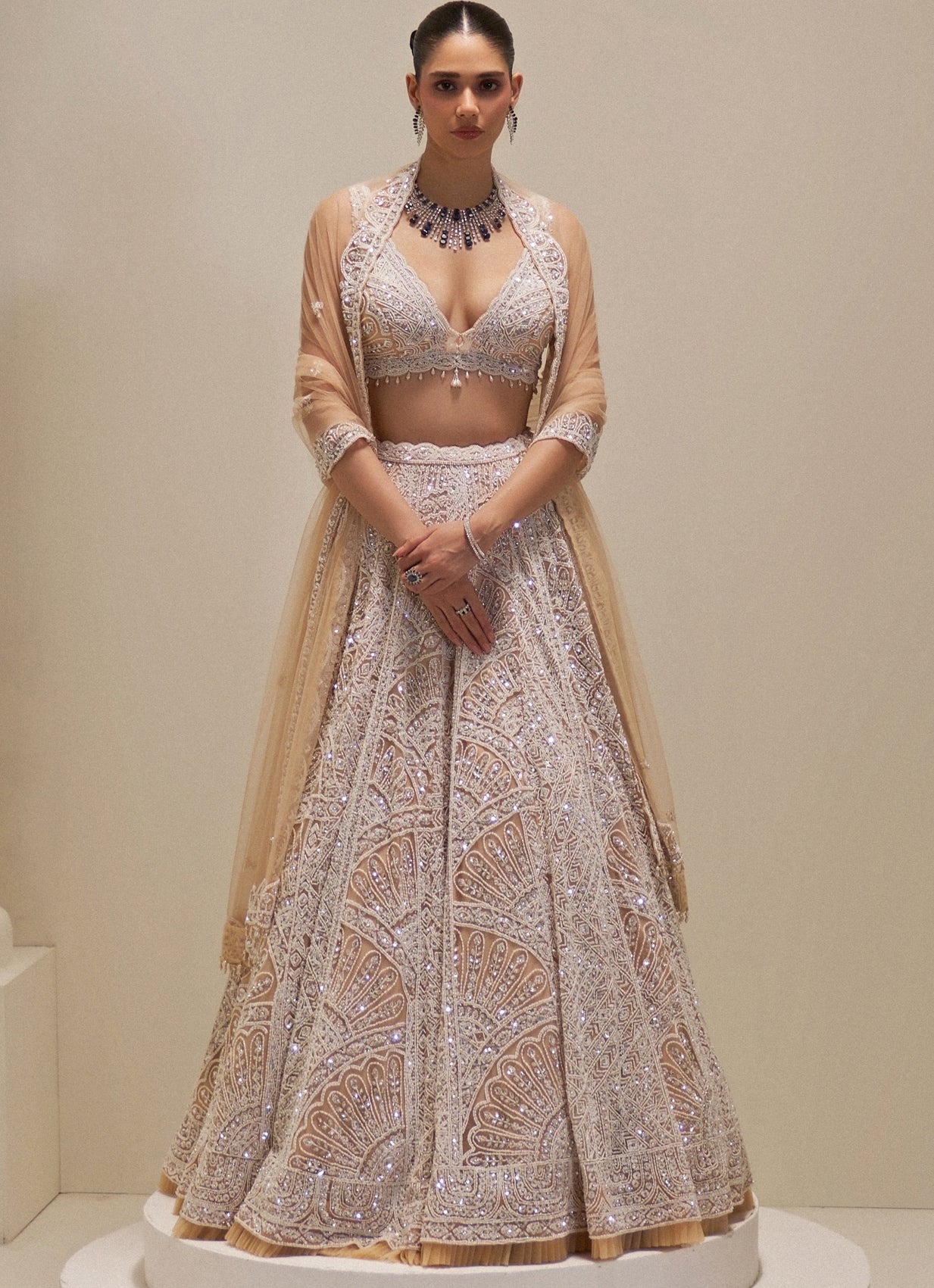 Ivory and Beige Crystal and Pearl Embroidered Lehenga