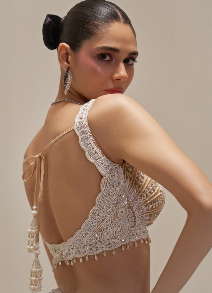 Ivory and Beige Crystal and Pearl Embroidered Lehenga Set Angad Singh - Fabilicious Fashion