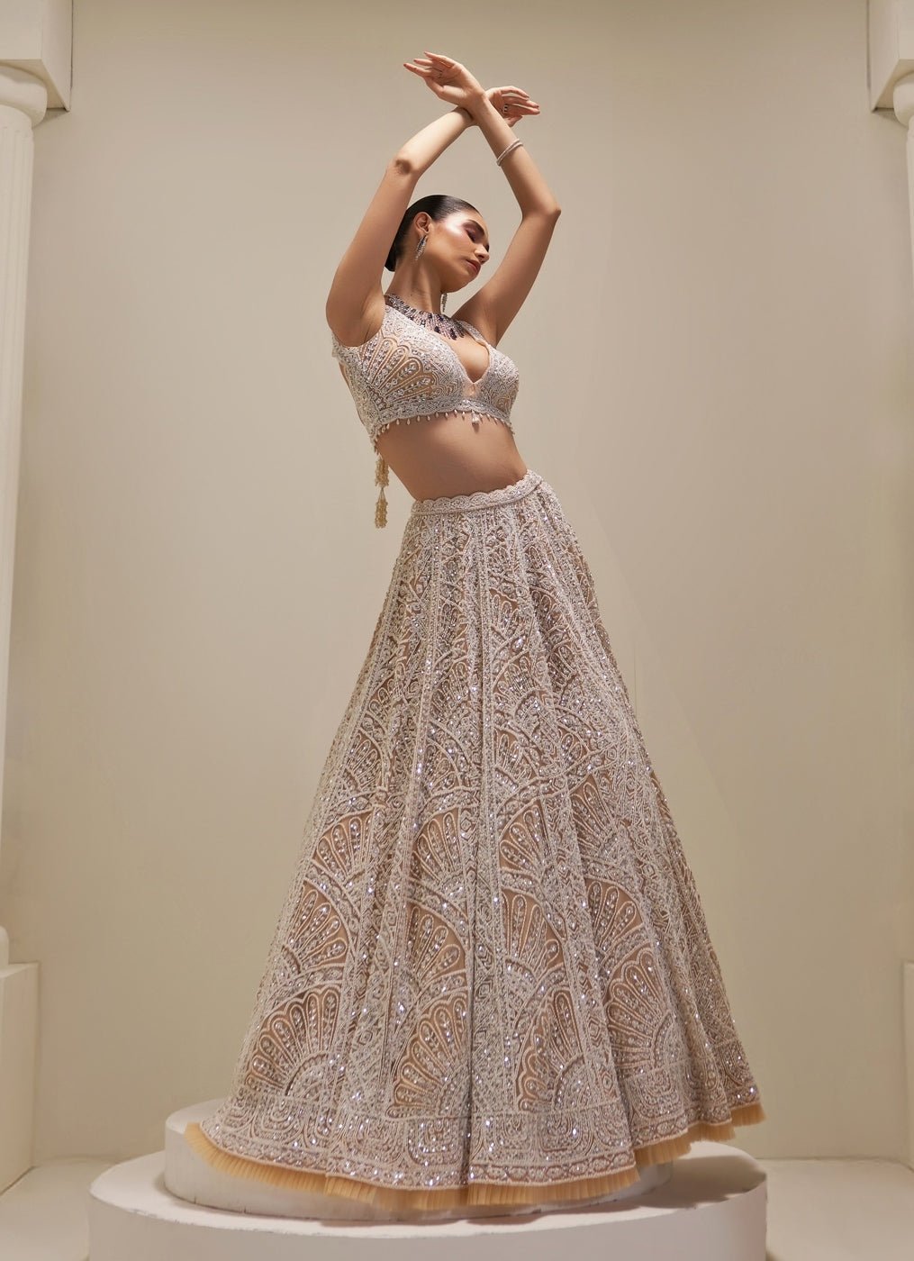 Ivory and Beige Crystal and Pearl Embroidered Lehenga Set Angad Singh - Fabilicious Fashion