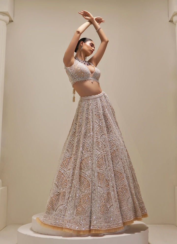 Ivory and Beige Crystal and Pearl Embroidered Lehenga Set Angad Singh - Fabilicious Fashion