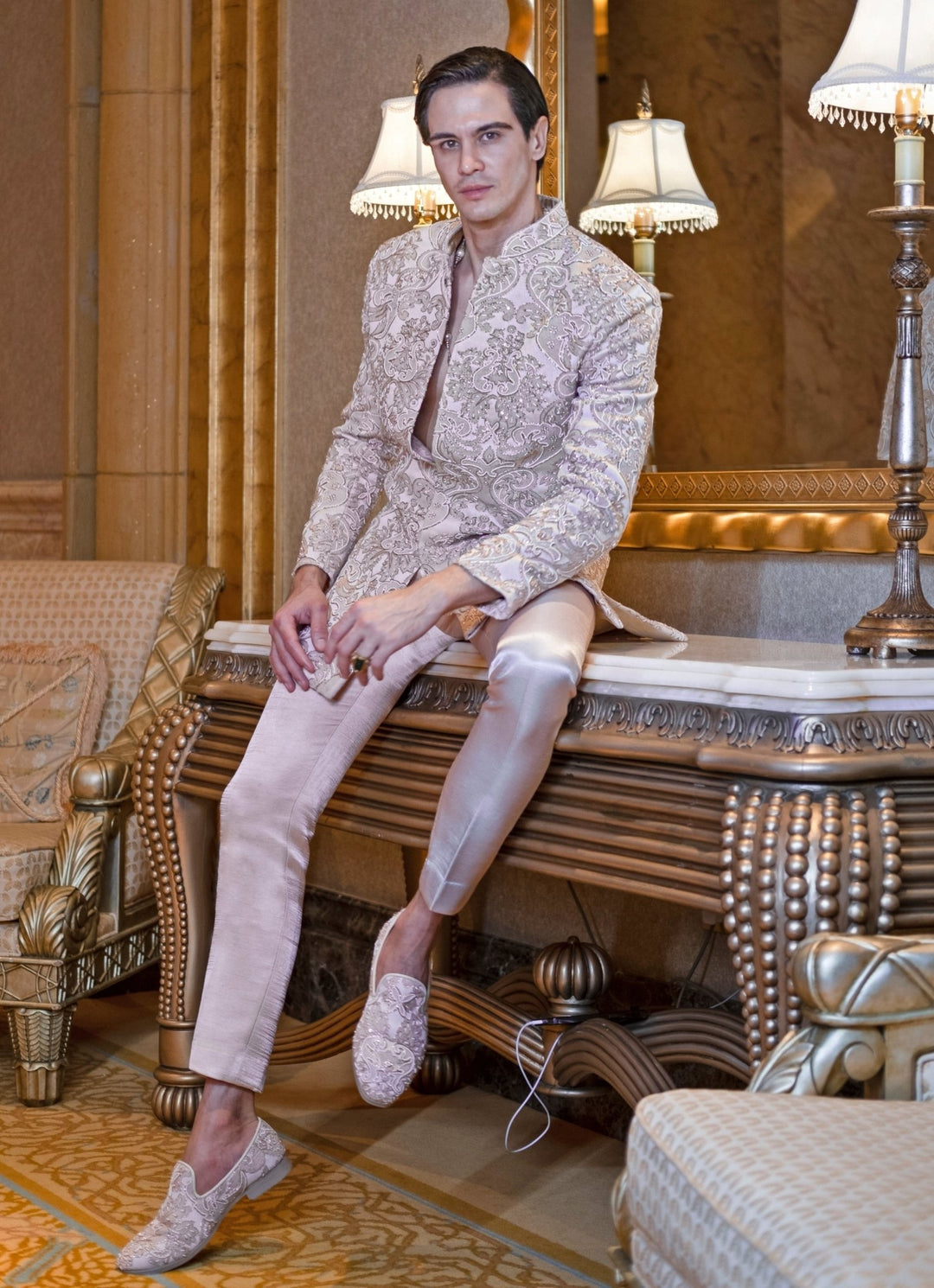 Ivory And Beige Embroidered Sherwani Set Jigar and Nikita - Fabilicious Fashion
