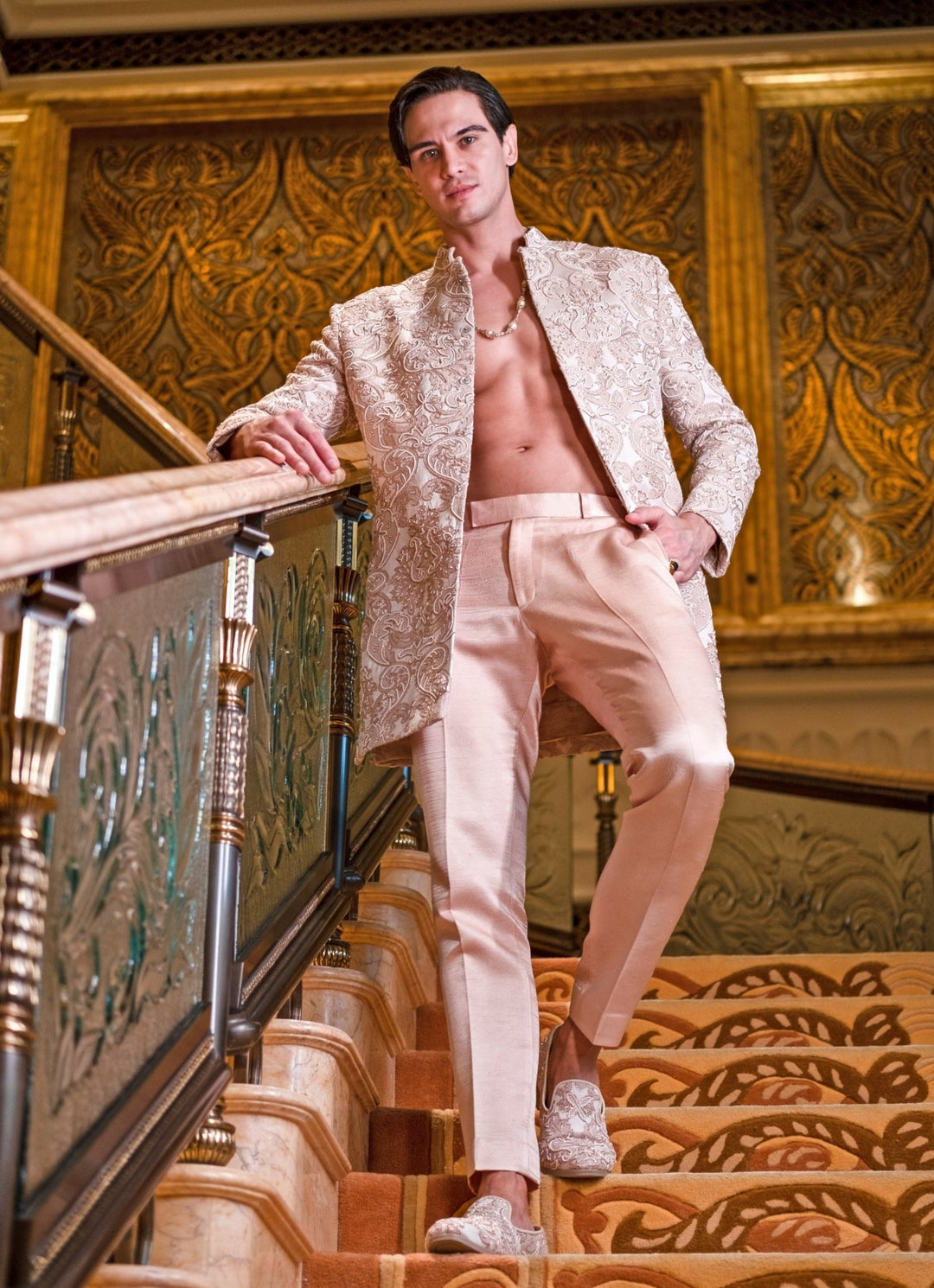 Ivory And Beige Embroidered Sherwani Set Jigar and Nikita - Fabilicious Fashion
