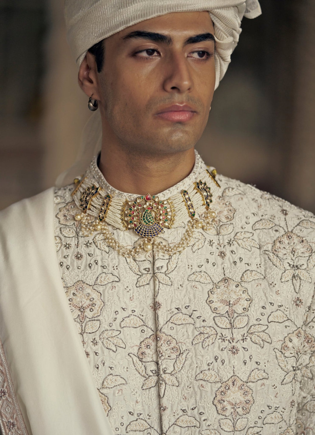 Ivory And Beige Embroidered Silk Sherwani Nitika Gujral - Men - Fabilicious Fashion