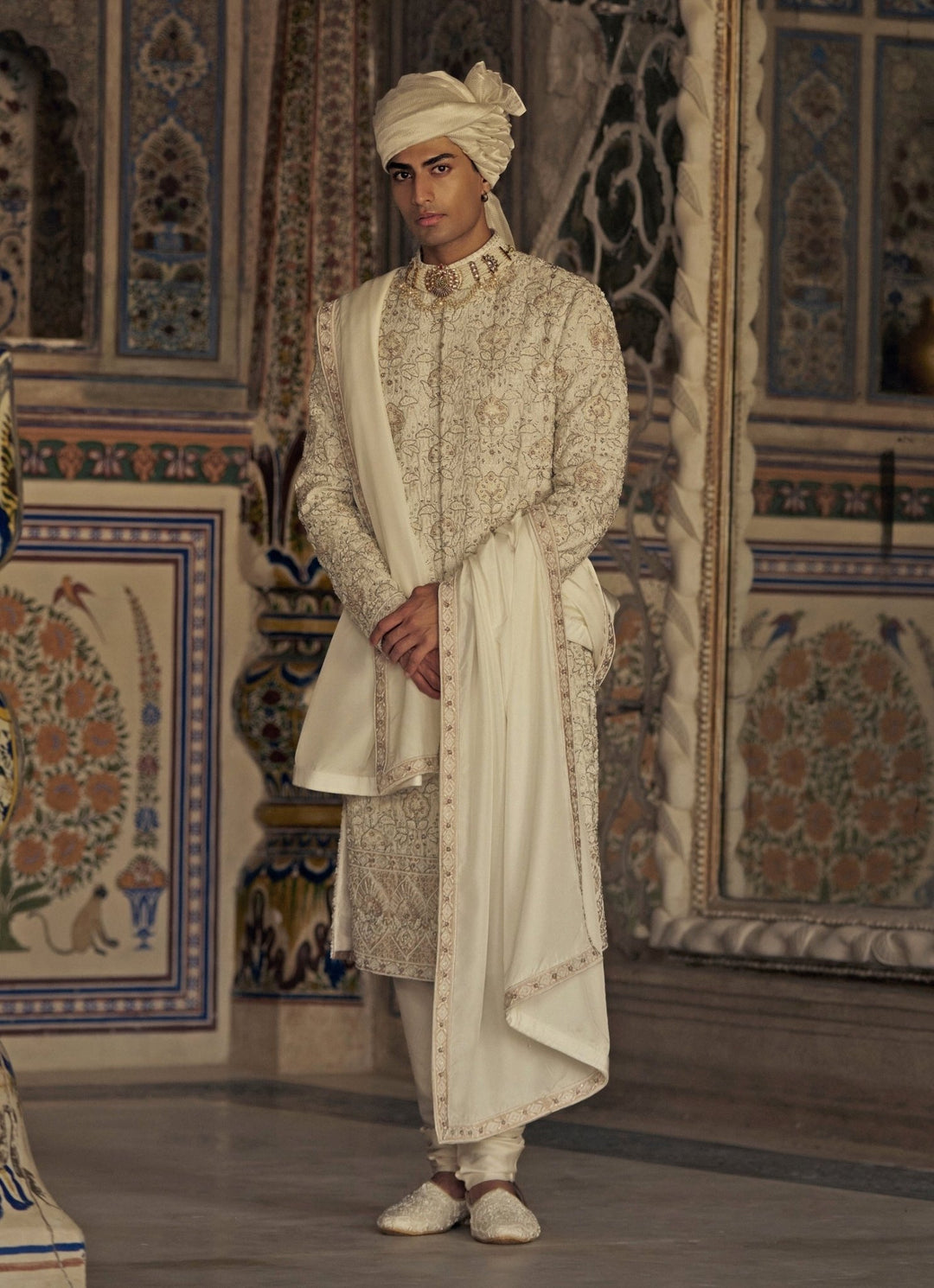 Ivory And Beige Embroidered Silk Sherwani Nitika Gujral - Men - Fabilicious Fashion