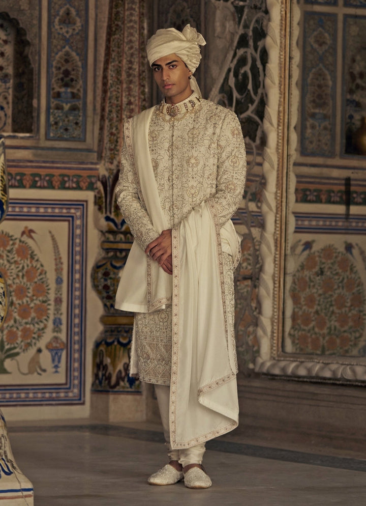 Ivory And Beige Embroidered Silk Sherwani Nitika Gujral - Men - Fabilicious Fashion