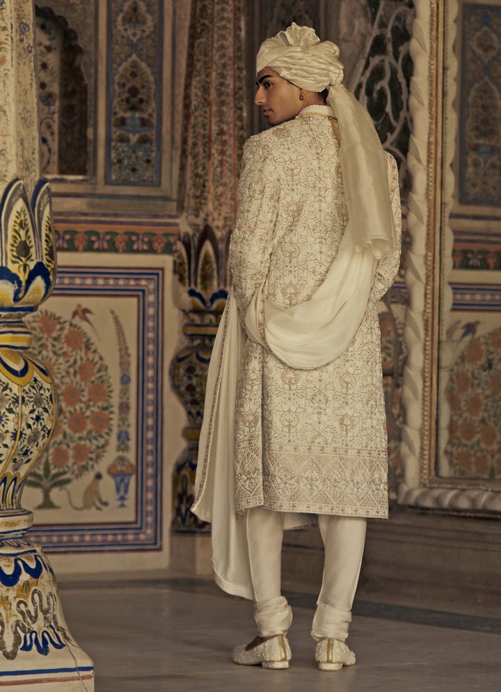 Ivory And Beige Embroidered Silk Sherwani Nitika Gujral - Men - Fabilicious Fashion