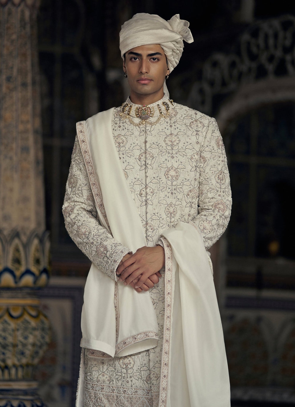 Ivory And Beige Embroidered Silk Sherwani Nitika Gujral - Men - Fabilicious Fashion