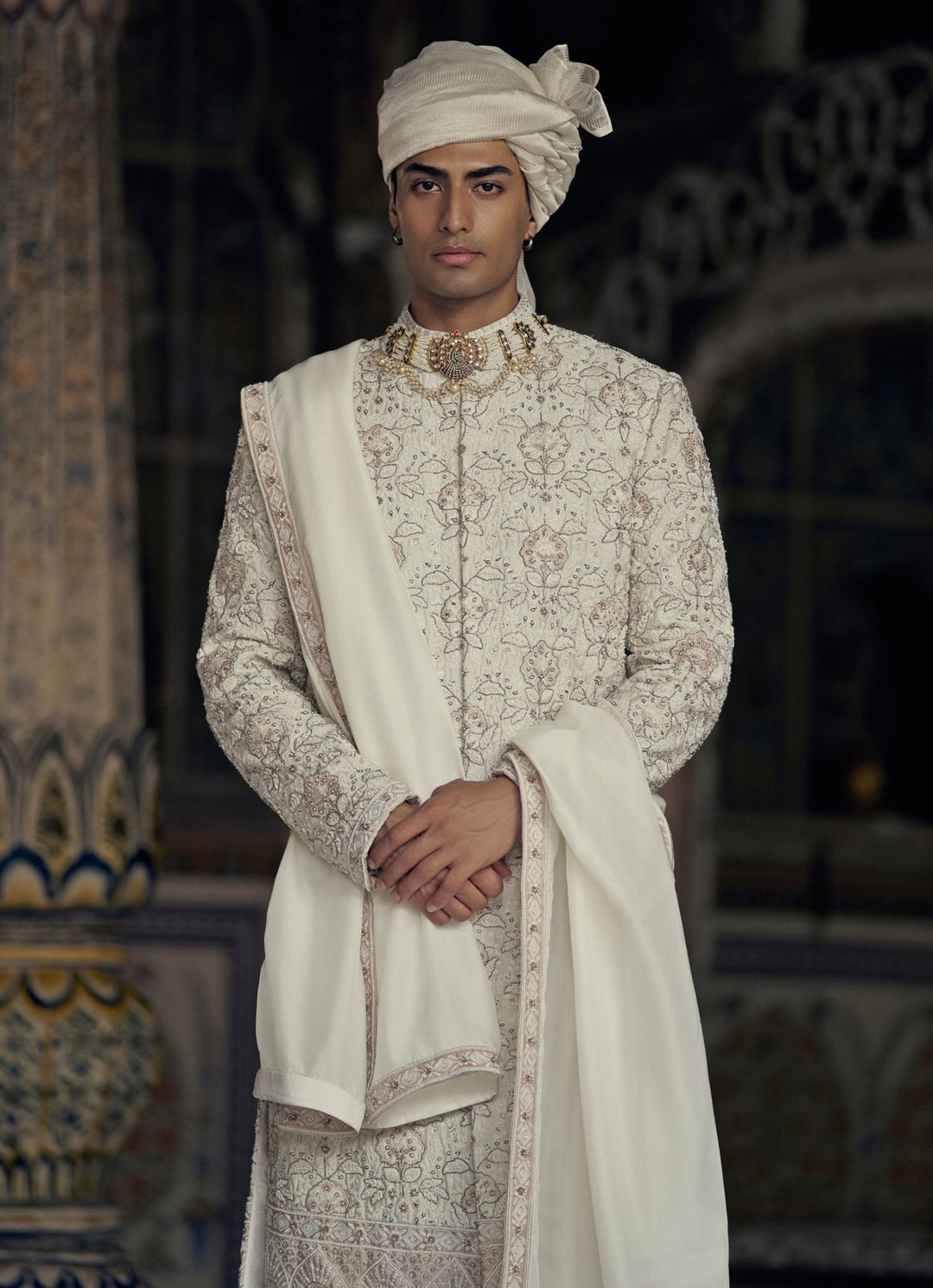 Ivory And Beige Embroidered Silk Sherwani Nitika Gujral - Men - Fabilicious Fashion