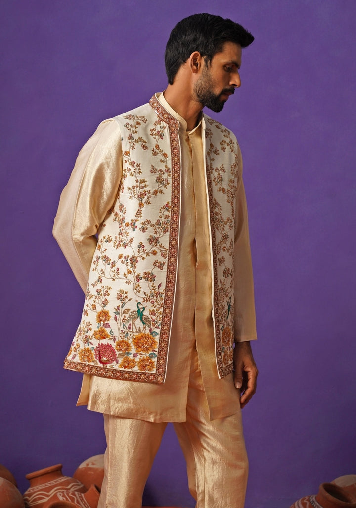 Kalpraag Ivory and Beige Embroidered Silk Short Kurta Jacket SetFabilicious Fashion