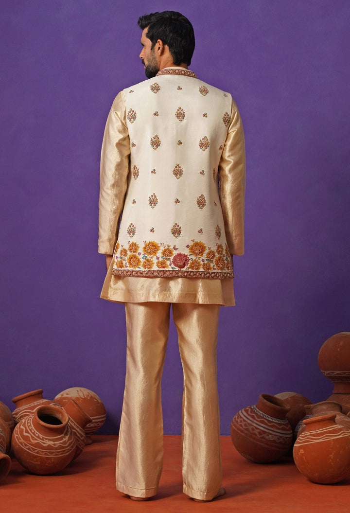 Kalpraag Ivory and Beige Embroidered Silk Short Kurta Jacket SetFabilicious Fashion