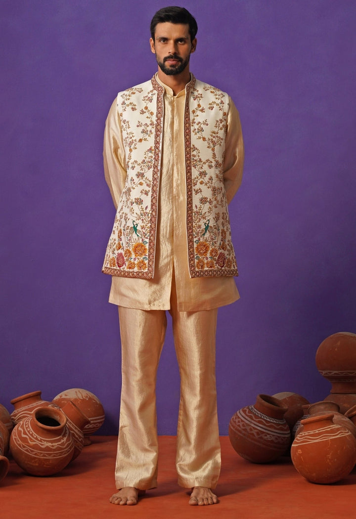 Kalpraag Ivory and Beige Embroidered Silk Short Kurta Jacket SetFabilicious Fashion