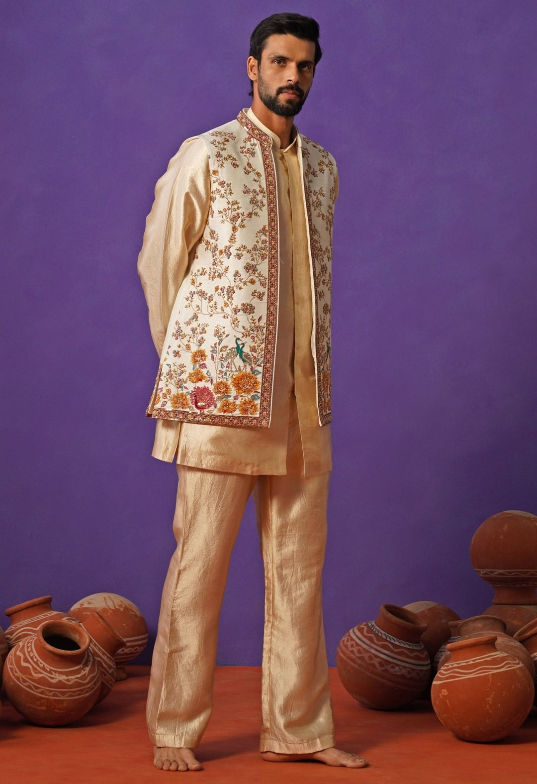 Kalpraag Ivory and Beige Embroidered Silk Short Kurta Jacket SetFabilicious Fashion
