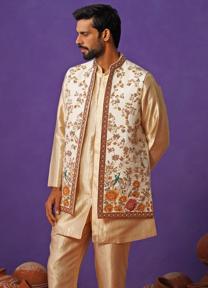 Kalpraag Ivory and Beige Embroidered Silk Short Kurta Jacket SetFabilicious Fashion